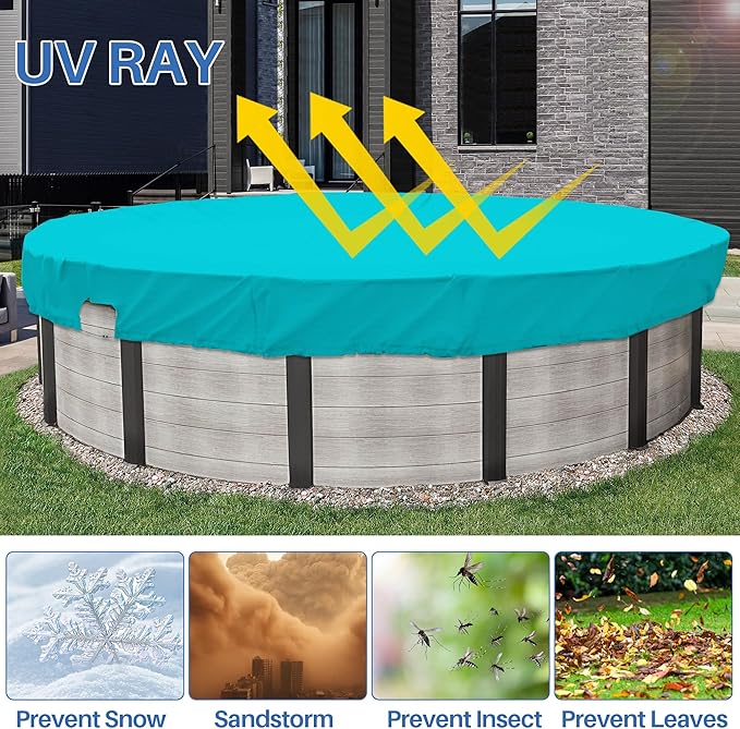 ECOOPTS 12 ft Waterproof Round Polyester Pool Cover for Above Ground Pools, Swimming Pool Cover Protector Winter Safety Cover (Turquoise)
