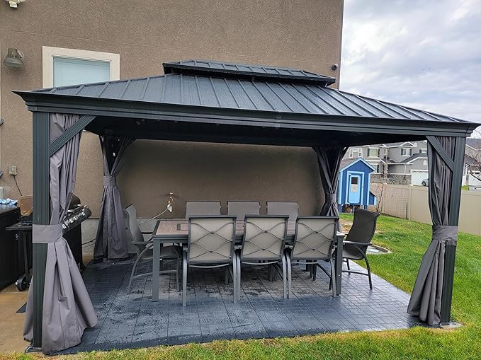PURPLE LEAF 10' X 14' Permanent Hardtop Gazebo Aluminum Gazebo with Galvanized Steel Double Roof for Patio Lawn and Garden, Curtains and Netting Included, Grey