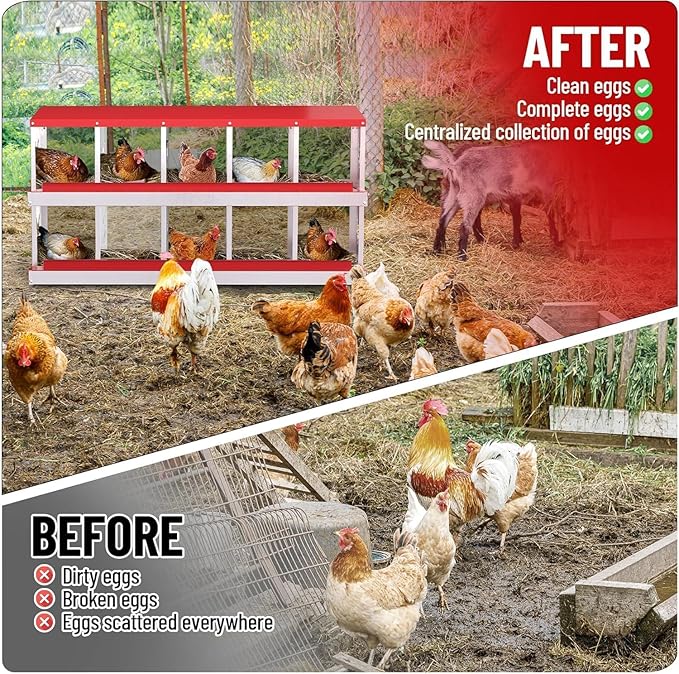 Chicken Nesting Box, Heavy-Duty Metal Chickens Laying Boxes with 10 Compartments, Large Vented Holes Hens Laying Box, Chicken Coop with Rollout Egg Collection, Wall Mount - Red