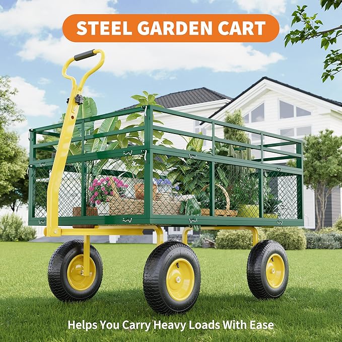 1400LB Capacity Garden Cart, 3-in-1 Heavy Duty Utility Wagon with 13" All-Terrain Tires, Removable Mesh Sides & 180° Swivel Handle - Outdoor Yard Cart for Gardening, Farming, Patio Use