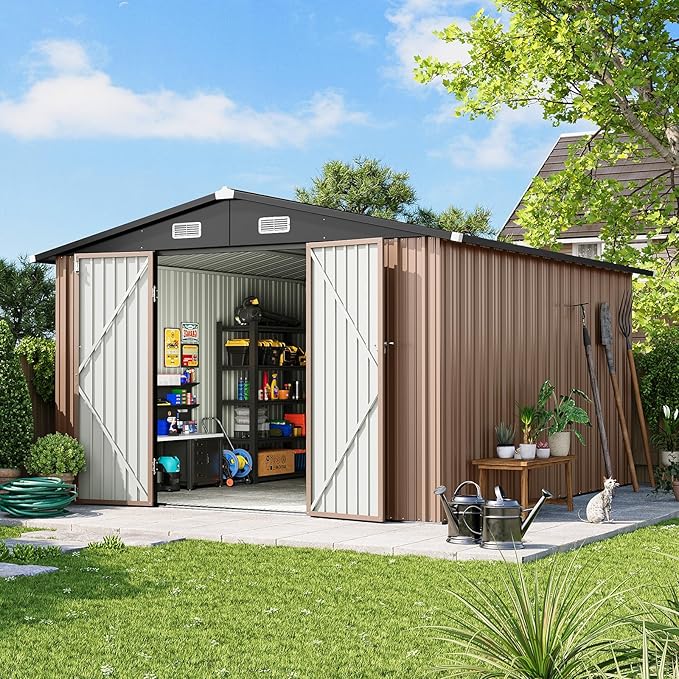 10x12 FT Outdoor Storage Shed with Base & Lockable Double Doors, Heavy-Duty Galvanized Steel Outdoor Metal Shed for Bike, Tool, Generator Storage in Backyard, Patio (10’x12’, Base)