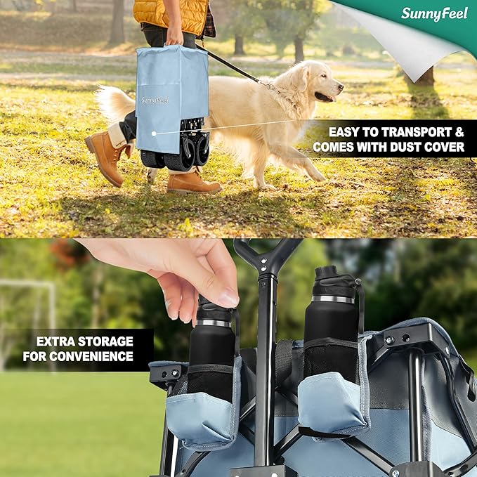 SUNNYFEEL 49''L 550lbs Heavy Duty Wagon Cart Foldable with Wheels,Extra Long Fold Up Wagons Carts with Side Pocket and Brakes for Camping Sports Garden Shopping (Blue)