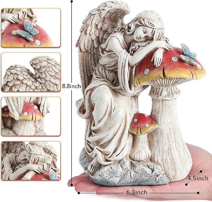 Outdoor Angel on Mushrooms Statue for Garden Decor, Sleep Angel Garden Statues Religious Decorations for Patio Yard Porch Lawn, Angels Garden Sculptures, Home Angel Figurines, Memorial Gifts