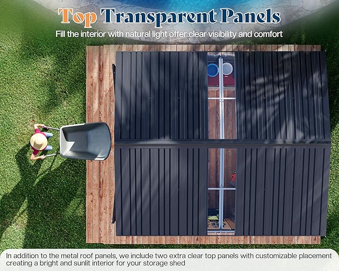 AMERLIFE 10x11.5x7.4 FT Galvanized Steel Storage Shed with 2 Transparent Panels, 2 4-Pane Windows & Hinged Double Doors, Outdoor Shed for Backyard, Patio, Garden, Dark Gray