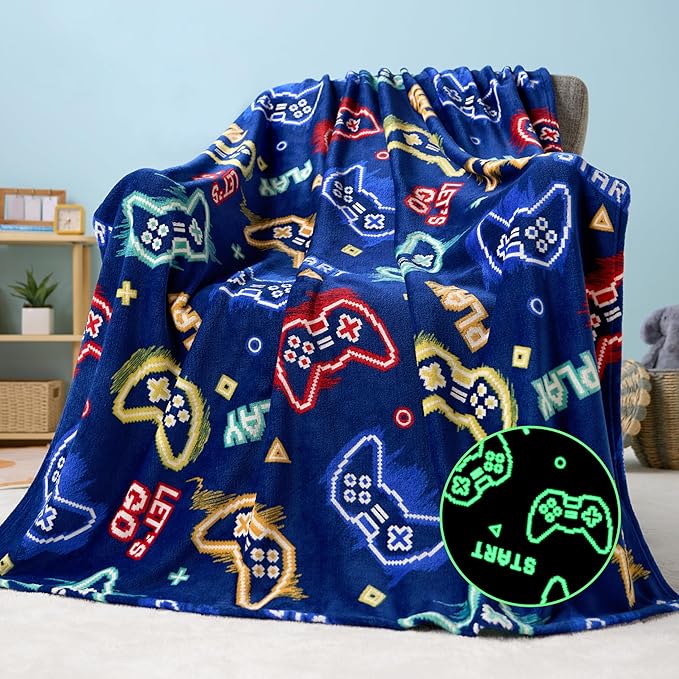 Joiedomi Glow in The Dark Gaming Blanket Gamer Gifts for Boys Age 2 3 4 5 6 7 8 9 10 11 12 Year Old, Soft Cozy Flannel Kids Throw Blanket, Birthday Bedroom Decor Dark Blue 50"×60"