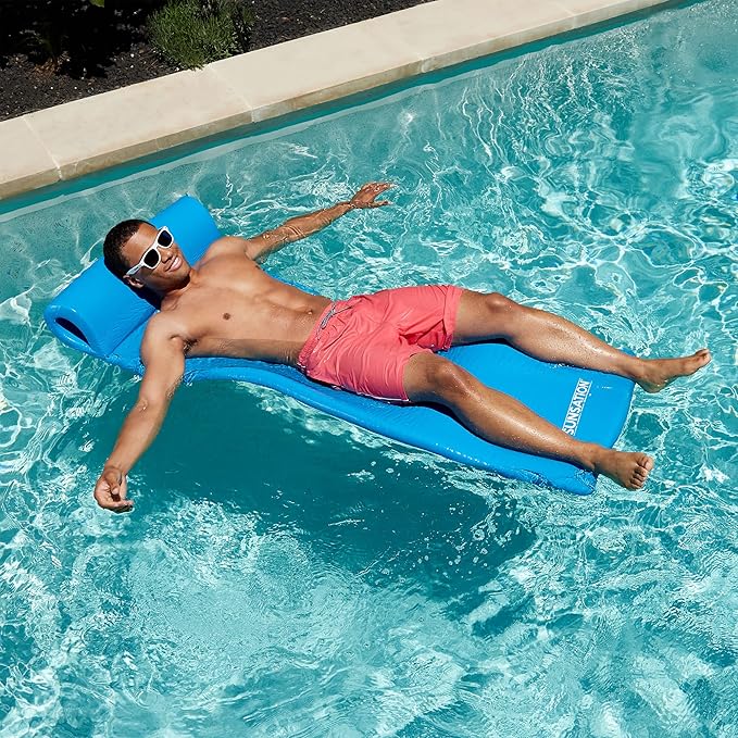 TRC Recreation Sunsation Vinyl Coated Foam Swimming Pool Float Mat Adult Lounger with Built-in Roll Pillow