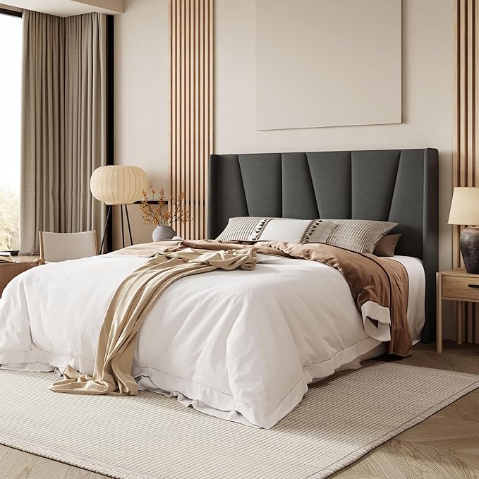 Allewie Full Size Platform Bed Frame with Geometric Wingback Headboard, Boho Upholstered Bed with Wooden Slats Support, No Box Spring Needed, Easy Assembly, Dark Grey