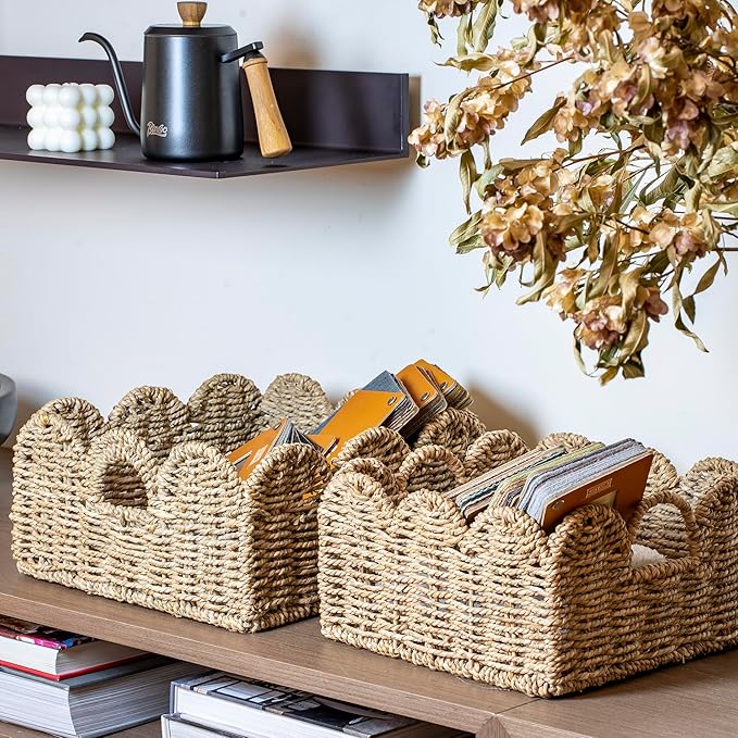 Scalloped Basket 2 Pack Wicker & Rattan Storage with Built-in Handles, Decorative Woven Seagrass Basket for Nursery & Bathroom Organization