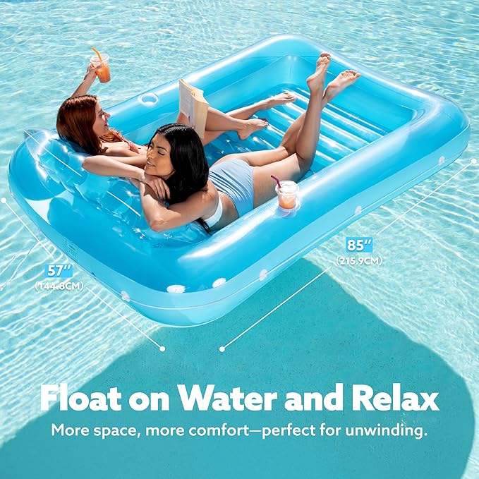 SLOOSH Inflatable Tanning Pool Lounger Float, 85" x 57" Extra Large Pool Floats Adult with Pillow, 4 in 1 Suntan Tub Raft Floatie,Sunbathing Bed Lounge for Water Blow Up Ball Pit Party Gifts, XL-Blue