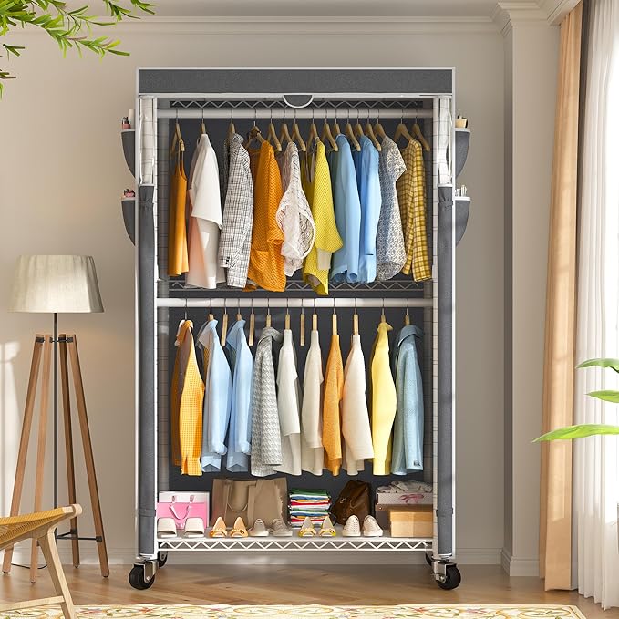 Raybee Rolling Clothes Rack with Cover Clothing Racks for Hanging Clothes Heavy Duty Portable Closet with Wheels Garment Rack 35.5" W*15.7" D*79 "H White