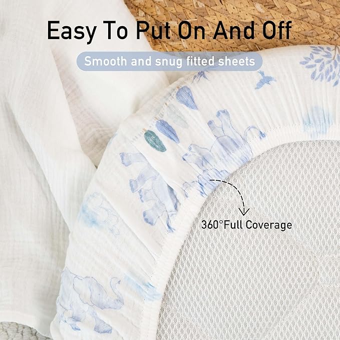 Gllquen Baby Muslin Bassinet Sheets 3 Pack, Breathable Elastic Cozy Fitted Cotton Bassinet Mattress Sheet for Baby Boy Girls, Fit for Hourglass Oval Rectangular Cradle Pad Sheets 33"x17" (Light Blue)