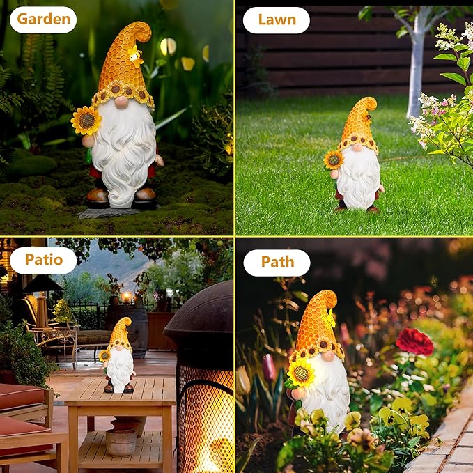 Garden Gnomes Outdoor - Sunflower Gnome Statue with Solar LED Lights for Yard, Patio, Lawn Ornaments - Best Garden Gifts for Mothers Day, Housewarming, Festival