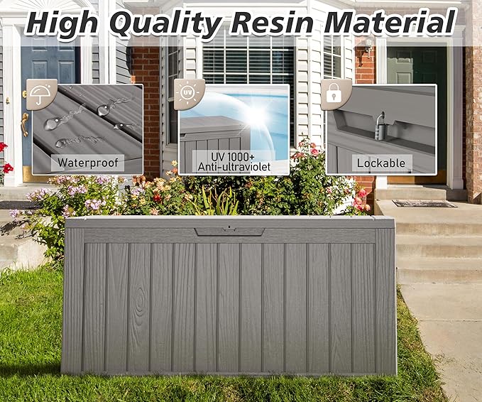 Outdoor Storage Box, Resin Deck Boxes Indoor and outdoor, Waterproof Storage Box Lockable Lid (Grey, 75 Gallon)