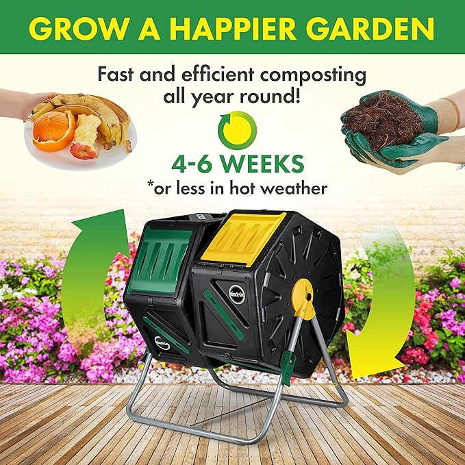 Miracle-Gro Dual Chamber Compost Tumbler – Easy-Turn, Heavy-Duty Outdoor Bin Composter with 2 Sliding Doors (2x18.5 Gal/70L