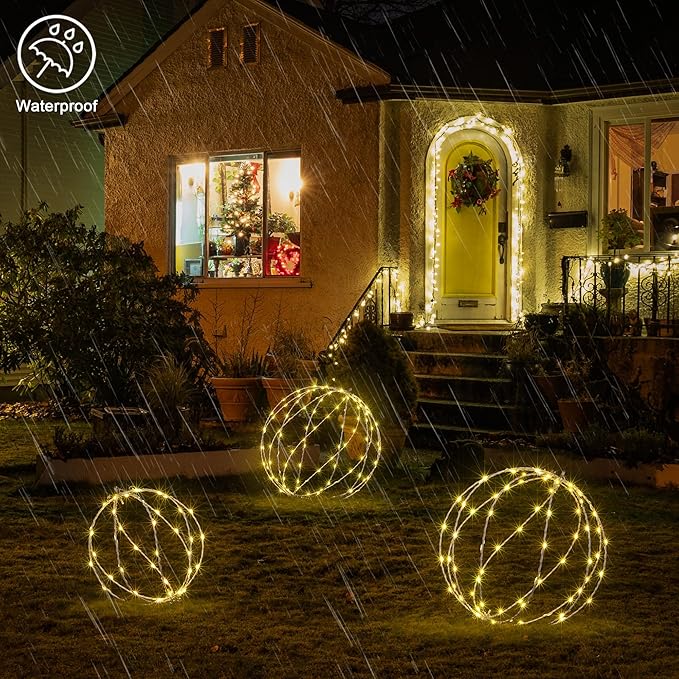 LIGHTSHARE 248LED 12IN+16IN+20IN Light Ball Yard Decoration Pathway Lights White Sphere Light Fold Flat Metal Frame Indoor Outdoor Waterproof Garden Lights, Plug in(Set of 3)