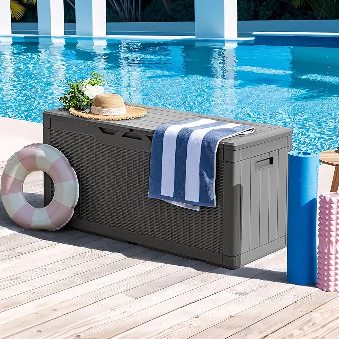 Greesum 100 Gallon Resin Deck Box Large Outdoor Storage, Imitation Rattan Weave Texture for Patio Furniture, Garden Tools, Pool Supplies, Weatherproof and UV Resistant, Lockable, Gray