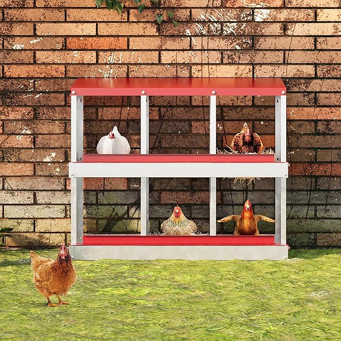 Heavy Duty Galvanized Metal Chicken Nesting Box - Rustproof Egg Laying Box for Hens with Slanted Roof, Rollout Design - Wall Mount or Freestanding Poultry Nest for Chicken Coop (6-Hole)