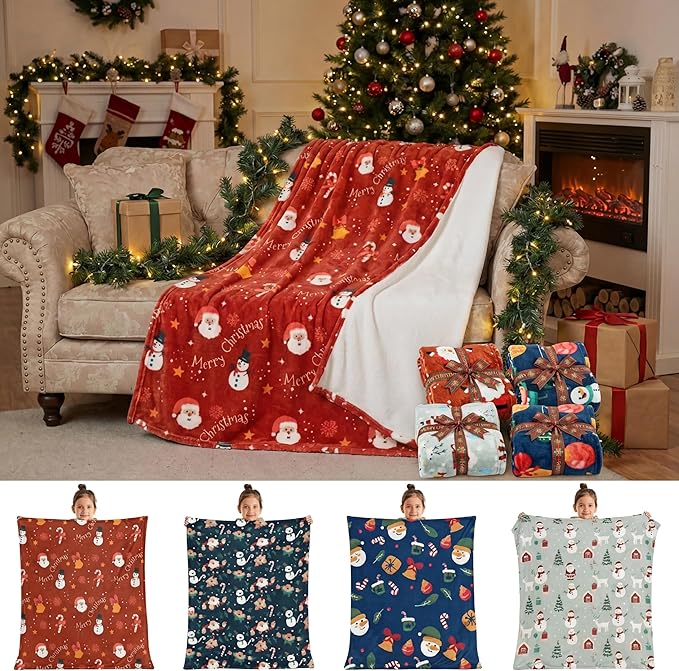 Buryeah 4 Pack Christmas Throw Blankets Bulk Snowman, Igloo, Santa Claus, Bells, Xmas Tree Soft Cozy Christmas Plush Flannel Blanket for Sofa, Bed, Couch, Home Decor Xmas Supplies, 50 x 60 Inches