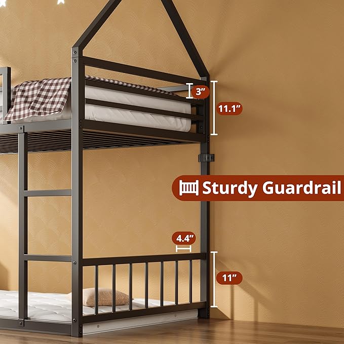LIKIMIO Bunk Bed Twin Over Twin, House Bunk Bed Frame with Ladder and Guardrail, House Shaped with Metal Slats for Dormitory and Bedroom, Space Saving, No Box Spring Needed, Black
