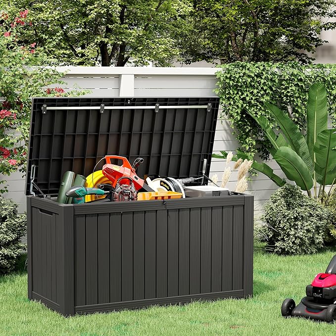 150 Gallon Resin Deck Box, Large Indoor and Outdoor Storage Box, Weatherproof and UV Resistant Outdoor Storage Box with Built-in Steel Beams for Patio, Cushions, Pool Supplies