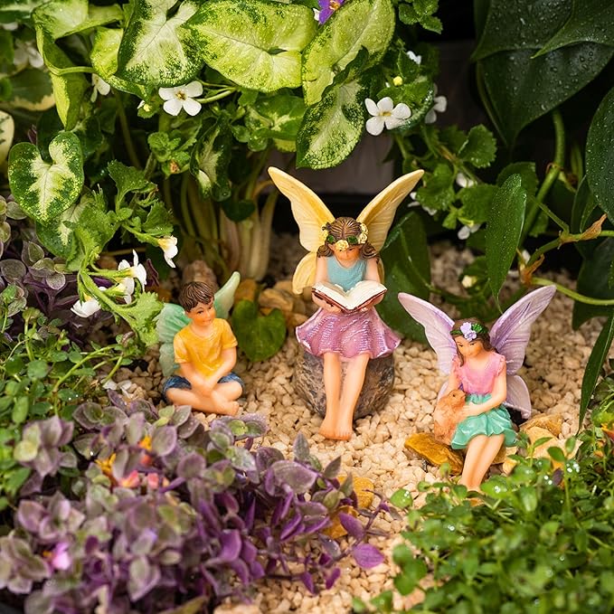 PRETMANNS Fairy House Kit - Fairy Garden Accessories for Outdoor Miniature Village Decor, with Three Fairies - House, 9’ High & Door can Open Wide - 4 Piece Supplies