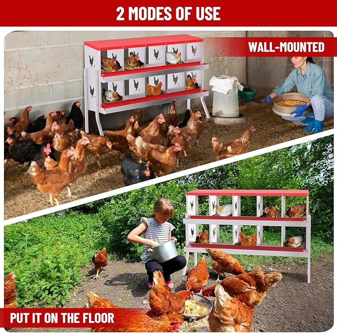 10-Compartment Metal Chicken Nesting Box - with Perch, Secure Lid & Metal Legs, Wall-Mount or Free-Standing Nesting Boxes for Hens