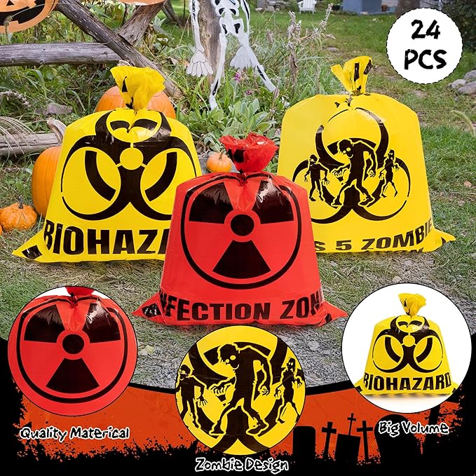CNhoqc Halloween Lawn Trash Bags - 24Pcs Zombie Warning Reusable Waste Bags with Twist Ties, Fallen Leaf Grass Clipping Trash Container, Heavy-Duty Plastic for Biohazard Parties Outdoor Decorations