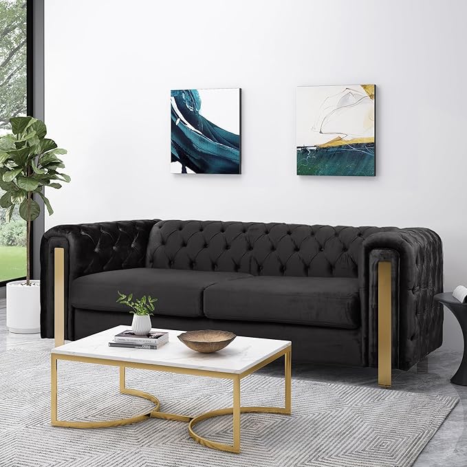 Merax Comfy 3-seat Sofa with Tufted Back and Arm and Gold Iron Legs, Modern Couch for Living Room, Bedroom, Apartment, Office, Black