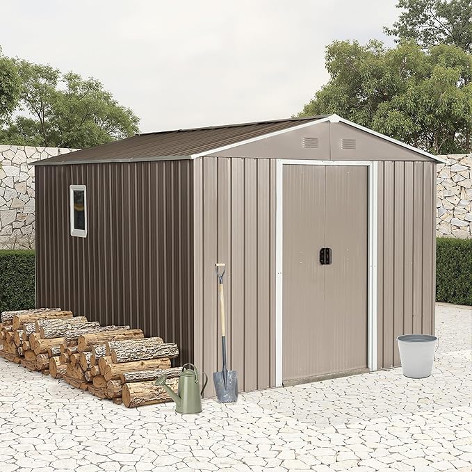 Sheds & Outdoor Storage 8ft x 10ft Metal Storage Shed with Metal Foundation, Window,Gloves, Anchors, Tools Garden Tool Storage Cabinet for Backyard, Patio, Poolside, Gray