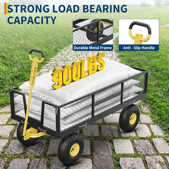 GarveeLife 900 LBS Garden Cart on Wheels with Adjustable Handles, Heavy Duty Steel Garden Wagon with Removable Mesh Sides to Convert into Flatbed, Wagon Cart for Lawn Farm Yard