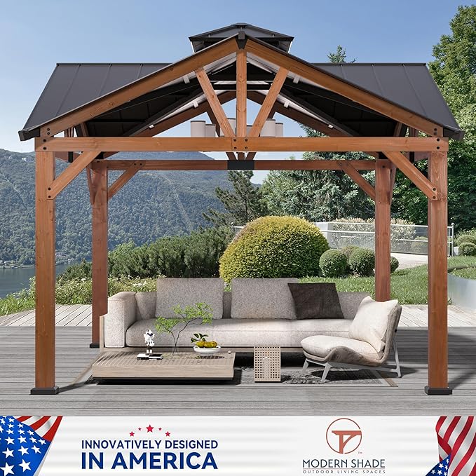 Modern Shade Cedar Wood Gazebo 12’ x 12’, Heavy Duty Hardtop Gazebo with Steel Roof, Water Resistant, Wind Resistant, Solid Wood Framed Pavilion, Perfect for Your Permanent Outdoor Pavilion