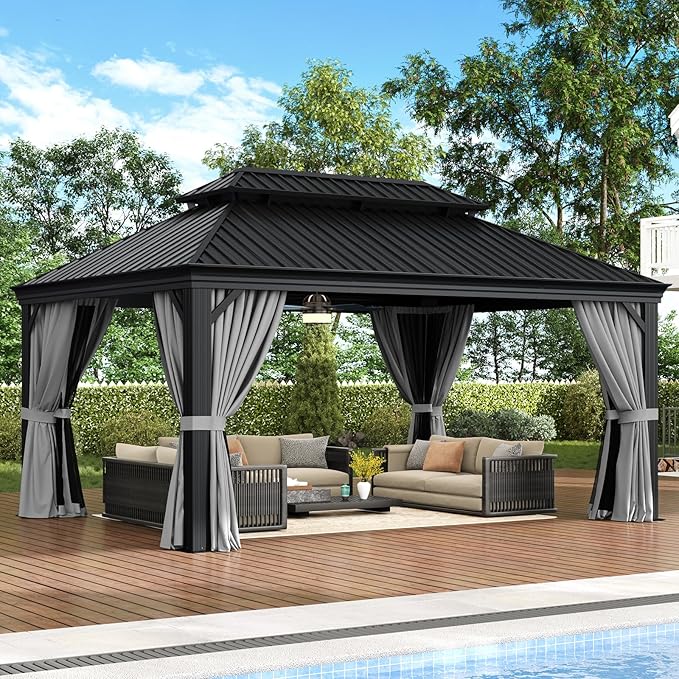 Aoxun Hardtop Gazebo 12x16 with Gutter, Upgraded Wider Aluminum Outdoor Gazebo with Galvanized Steel Double Roof, Patio Permanent Metal Pavilion with Netting and Privacy Curtain