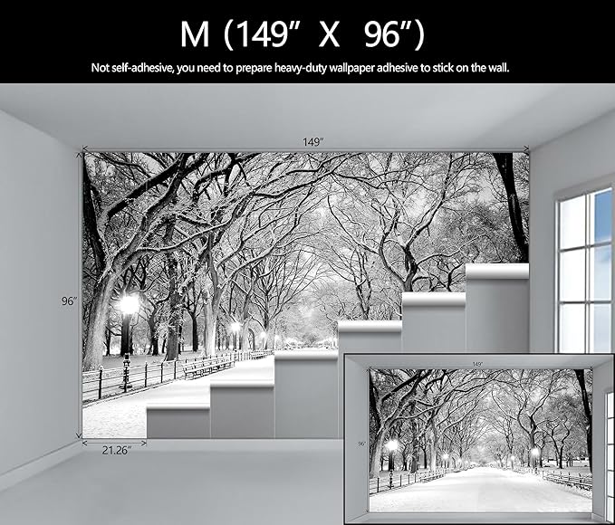 Beautiful 3D Snowy Forest Wallpaper Gray New York Park Landscape Wall Mural Living Room Bedroom (Not Peel and Stick)