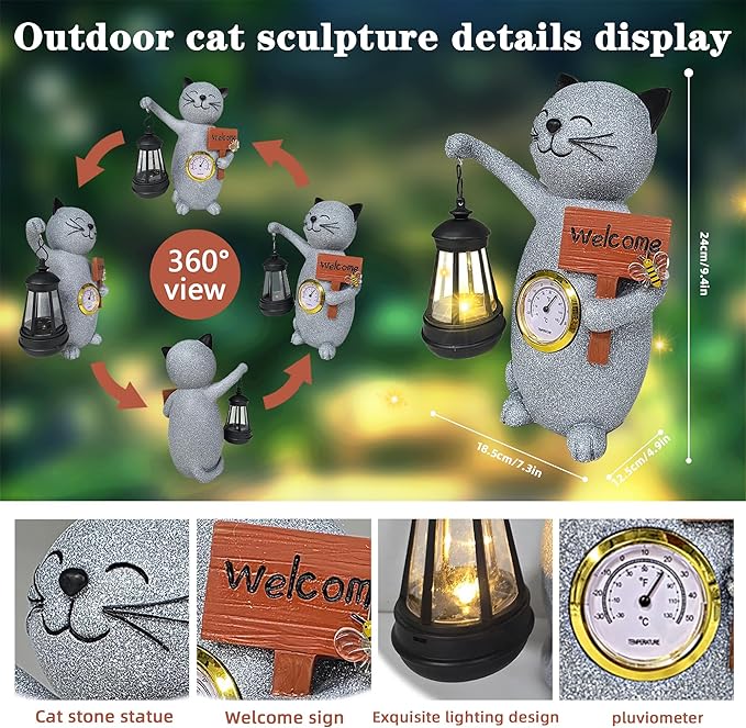 Solar Cat Outdoor Statues for Garden-Creative Thermometer-Lantern-Welcome Sign, Suitable for Yard Art, Lawn Ornaments, Porch, Terrace, Alcove, Home, House Outdoor, Cat Garden Decoration