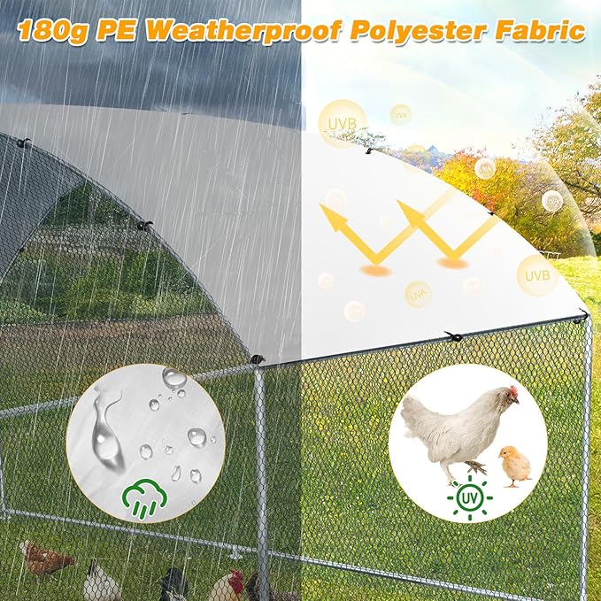 VINGLI Large Metal Chicken Coop, 13.1x9.8 6.5 ft Poultry Cage for Chicken Run, Walk-in Chicken Pen with Waterproof & Anti-UV Cover for Yard Outdoor (Silver-Dome Roof)