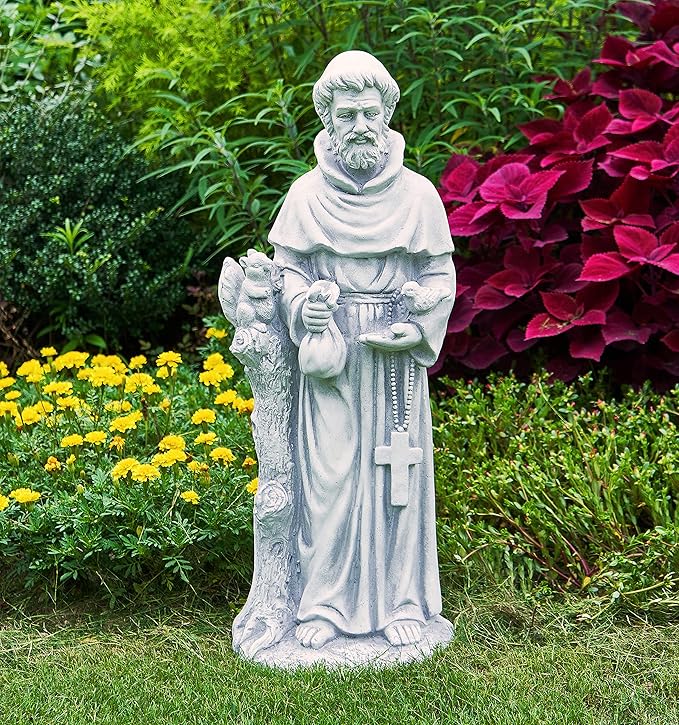 TOETOL St Francis Garden Statues 31 Inch Saint Francis of Assisi Catholic Christian Yard Decor Lawn Garden Patio Outdoor Sculptures Magnesium Oxide Stone Grey Garden Art Decorations
