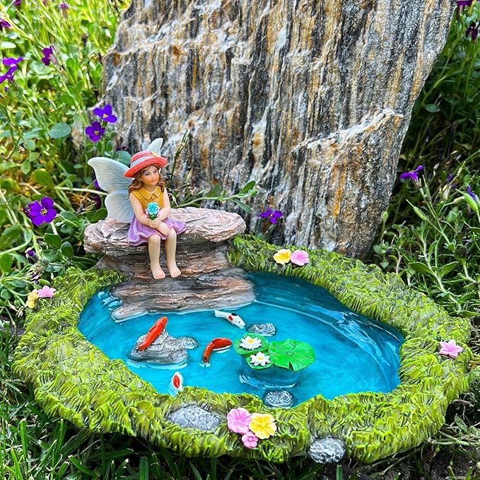 Mood Lab Fairy Garden - Miniature Fish Pond & Fairy Figurine Kit - 2 pcs Set of Garden Accessories - Outdoor or House Decor