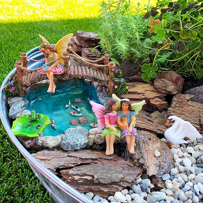 Mood Lab Fairy Garden Fish Pond Kit - Miniature Bridge Set of 6 pcs Fairy Garden Figurines & Accessories - Outdoor or House Decor