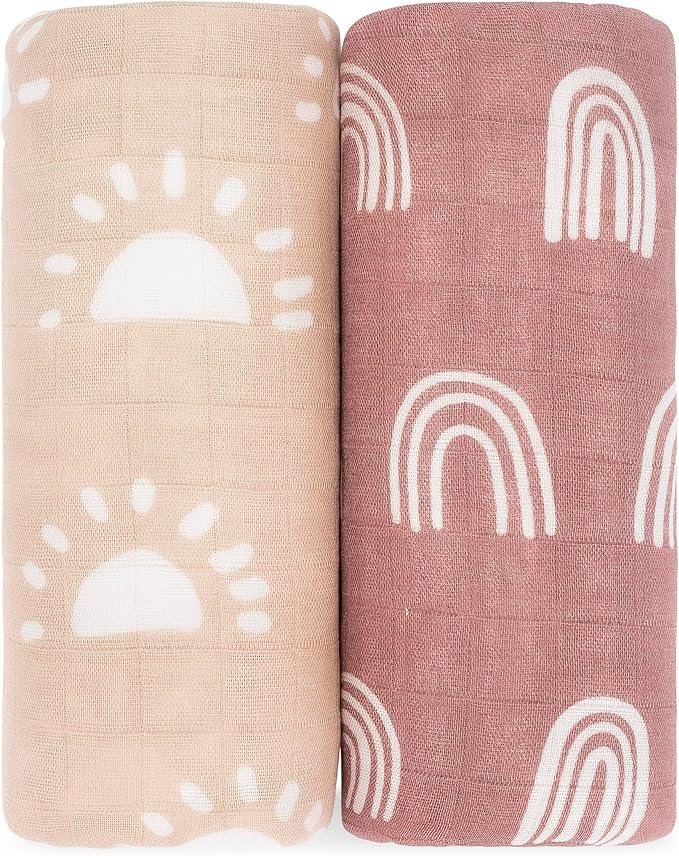 Comfy Cubs Muslin Swaddle Blankets Pack of 2 - 47 x 47 Inch Soft Cotton Baby Blanket Set, Large Multipurpose Wraps for Newborns - Self-Soothing Swaddles for Newborns - Sun & Rainbow