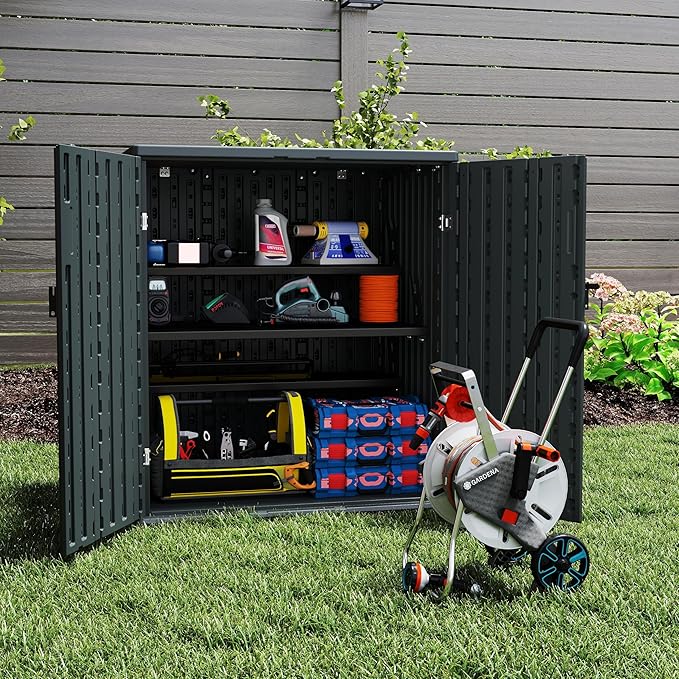 Outdoor Storage Cabinet with 2 Shelves, Waterproof Resin Horizontal Tool Shed, Lockable 15 cuft. Storage Shed for Patio, Garden, Yard, Grey