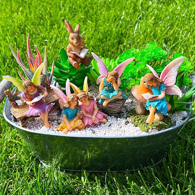 Mood Lab Fairy Garden - Miniature Reading Fairies Figurines Set - Statues & Accessories Decor Kit of 6 pcs