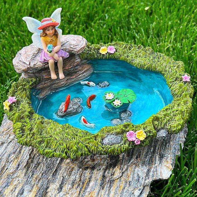 Mood Lab Fairy Garden - Miniature Fish Pond & Fairy Figurine Kit - 2 pcs Set of Garden Accessories - Outdoor or House Decor